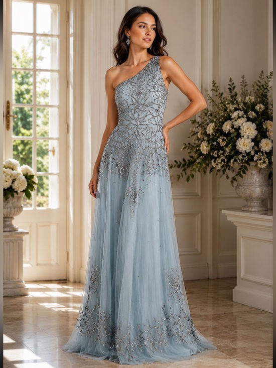 Adrianna Papell Dresses & Skirts - Adrianna Papell one shoulder light blue beaded long gown